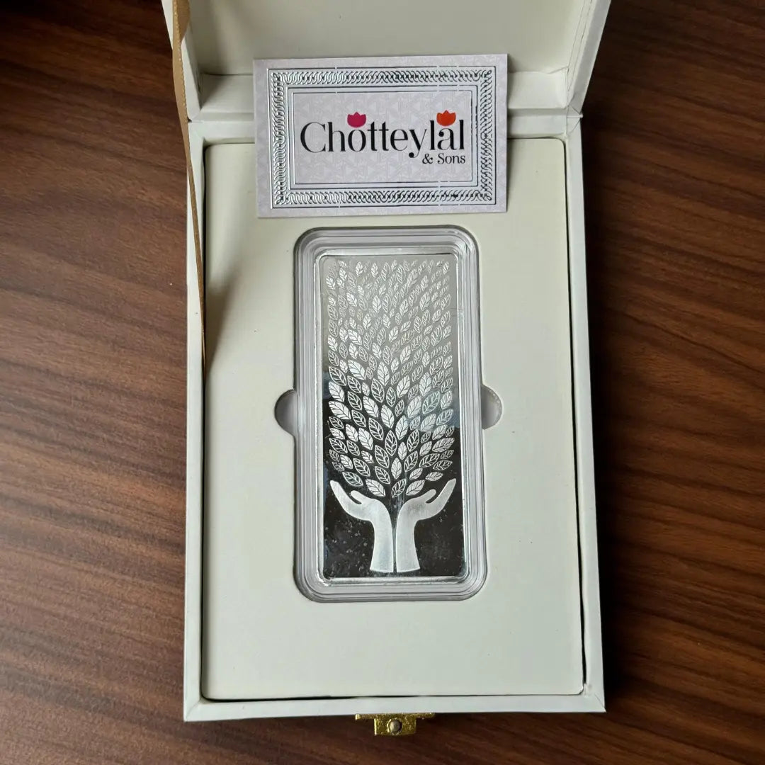 Leaf In Hand, Silver, Bar Shape, 100 GM, 999 Purity Silver Coin – Ready To Ship