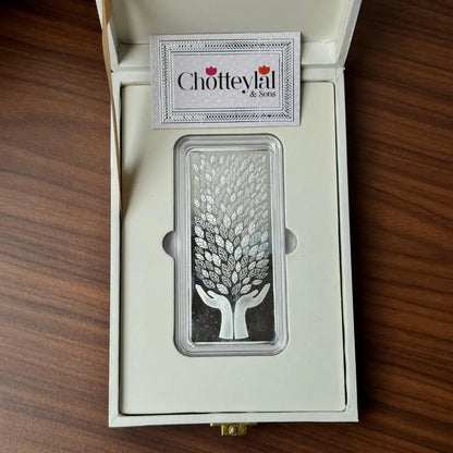 Leaf In Hand, Silver, Bar Shape, 100 GM, 999 Purity Silver Coin – Ready To Ship