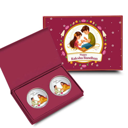 Happy Raksha Bandhan Box, Brother Sister 10gm Silver Coin (Set of 2) With Rakhi Card - 999 Purity Silver Coin