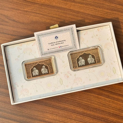 Ashirwaad Two Elephant Design, Rose Gold Finish, Dollar Shape, Set of 2 (10 gm Each), 999 Silver Coin Box Set – Ready to Ship
