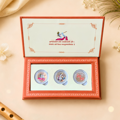 Radha Krishna Ji 999 Pure Silver Coin Gift Set - Folder Box - Set of 3 Coins (1 g Each, Total 3 g)