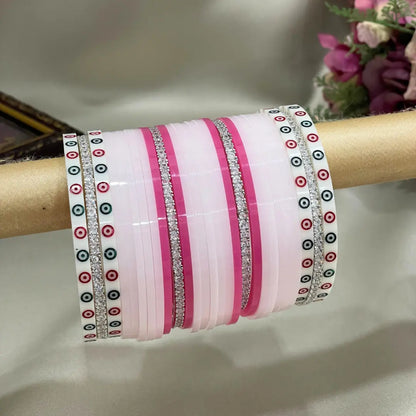 White Dots With AD Bangles White & Pink Touch Chura Design