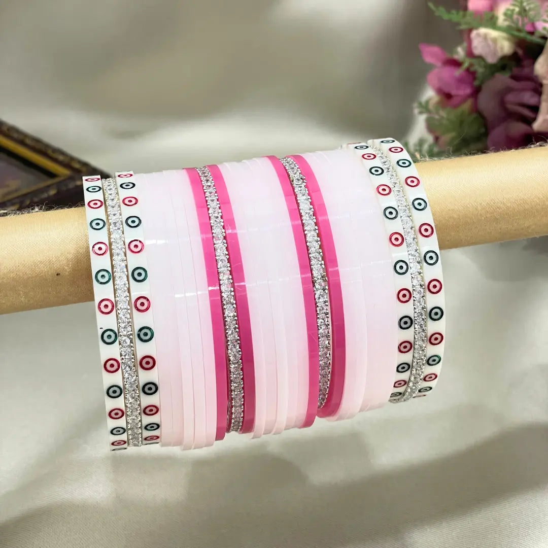 White Dots With AD Bangles White & Pink Touch Chura Design