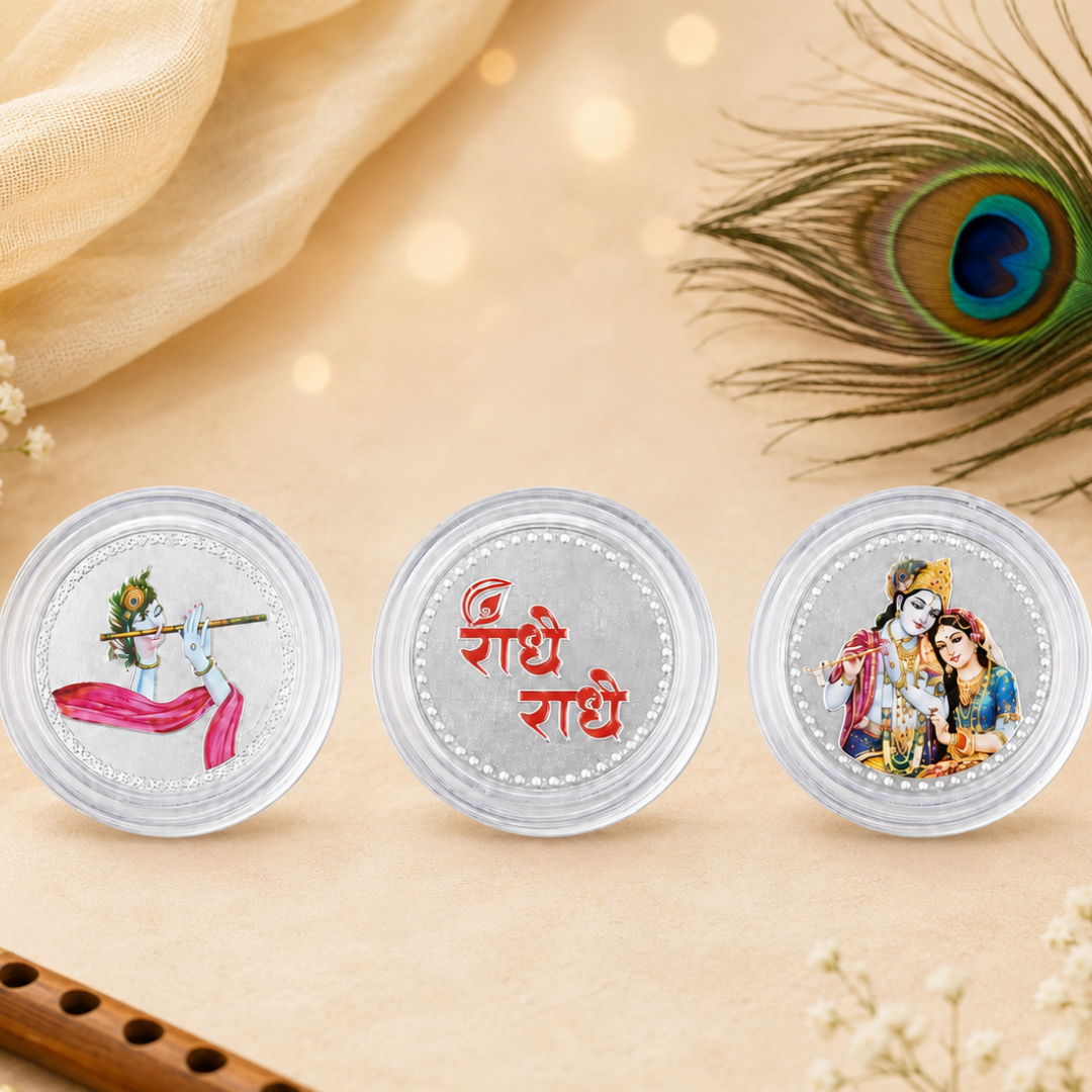 Radha Krishna Ji 999 Pure Silver Coin Gift Set - Folder Box - Set of 3 Coins (1 g Each, Total 3 g)