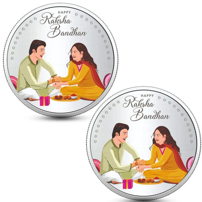 Happy Raksha Bandhan Box, Brother Sister 10gm Silver Coin (Set of 2) With Rakhi Card - 999 Purity Silver Coin