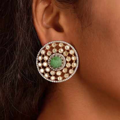 Classic Round Polki Earrings - 22K Gold Plated, 92.5 Pure Silver Base