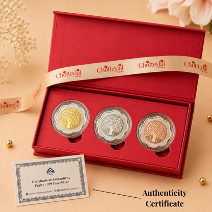 Banyan Tree, Tri-Color, Floral Shape - Set of 3 Coins (5 g Each, Total 15 g)