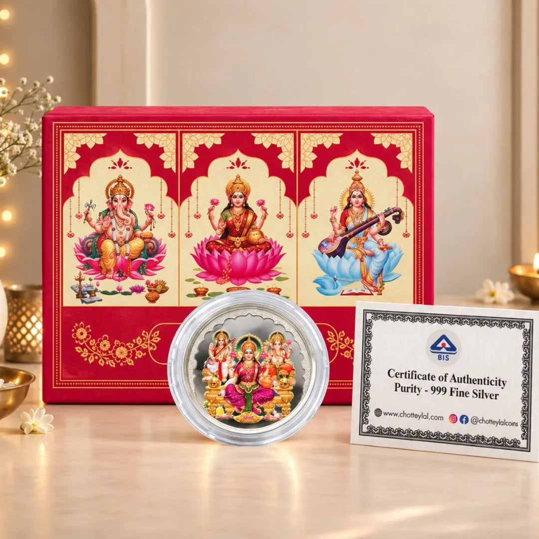 Diwali Divine Blessings – Laxmi Ganesh Saraswati 3g Pure Silver Coin Gift Box