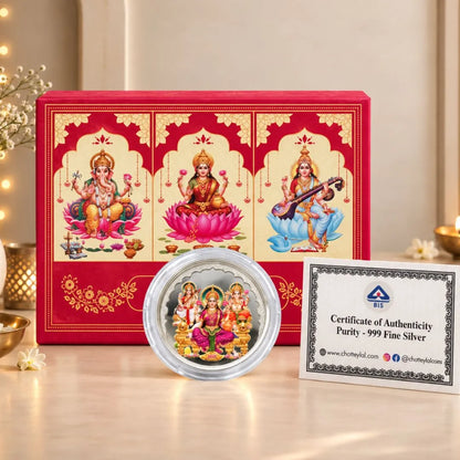Diwali Divine Blessings – Laxmi Ganesh Saraswati 3g Pure Silver Coin Gift Box