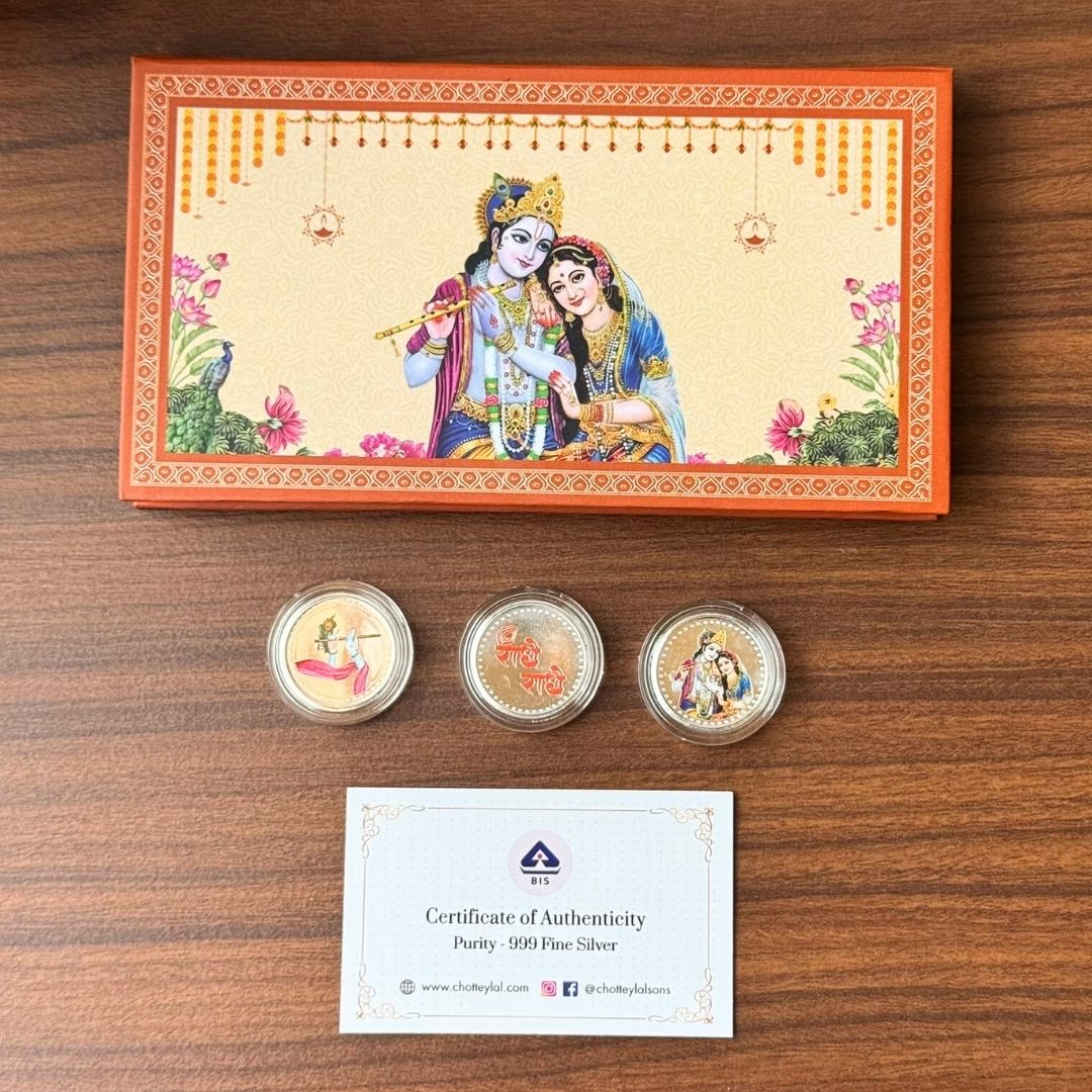 Radha Krishna ji, Silver, Folder Box, 3 Coins (1 GM Each), 999 Purity Silver Coins