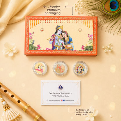Radha Krishna Ji 999 Pure Silver Coin Gift Set - Folder Box - Set of 3 Coins (1 g Each, Total 3 g)