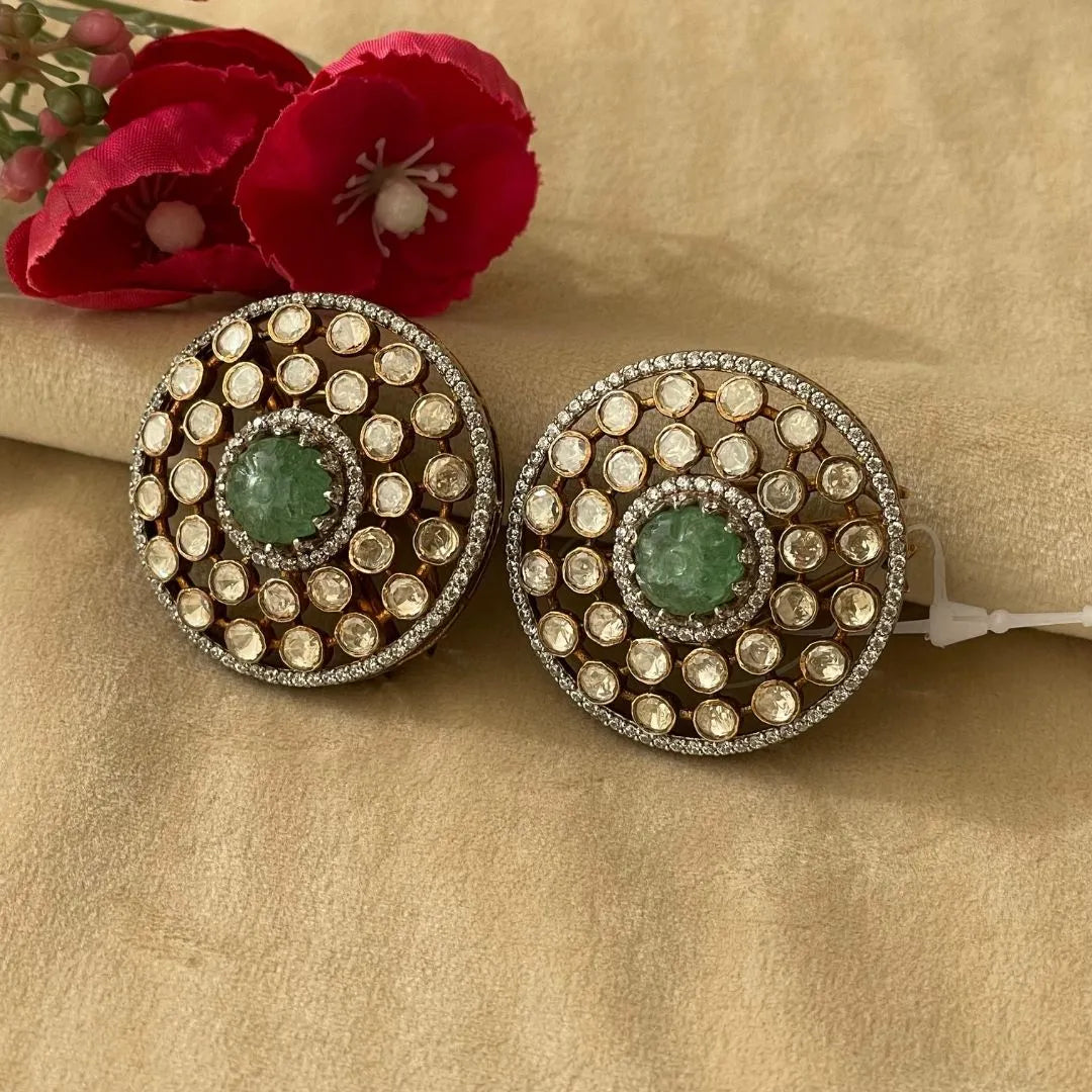 Classic Round Polki Earrings - 22K Gold Plated, 92.5 Pure Silver Base