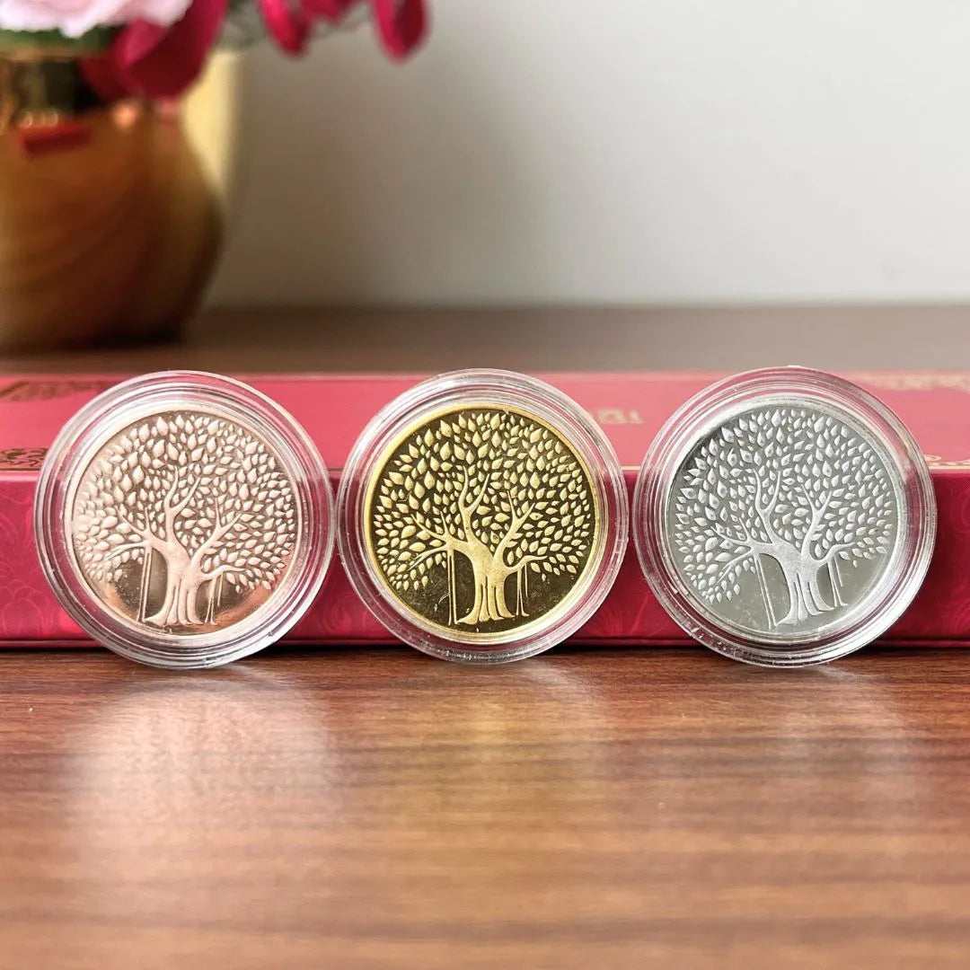 Banyan Tree Design, Tri-Color Finish, Round Shape, Set of 3 Coins (3 Gram Each), 999 Purity Silver Coin - Ready To Ship