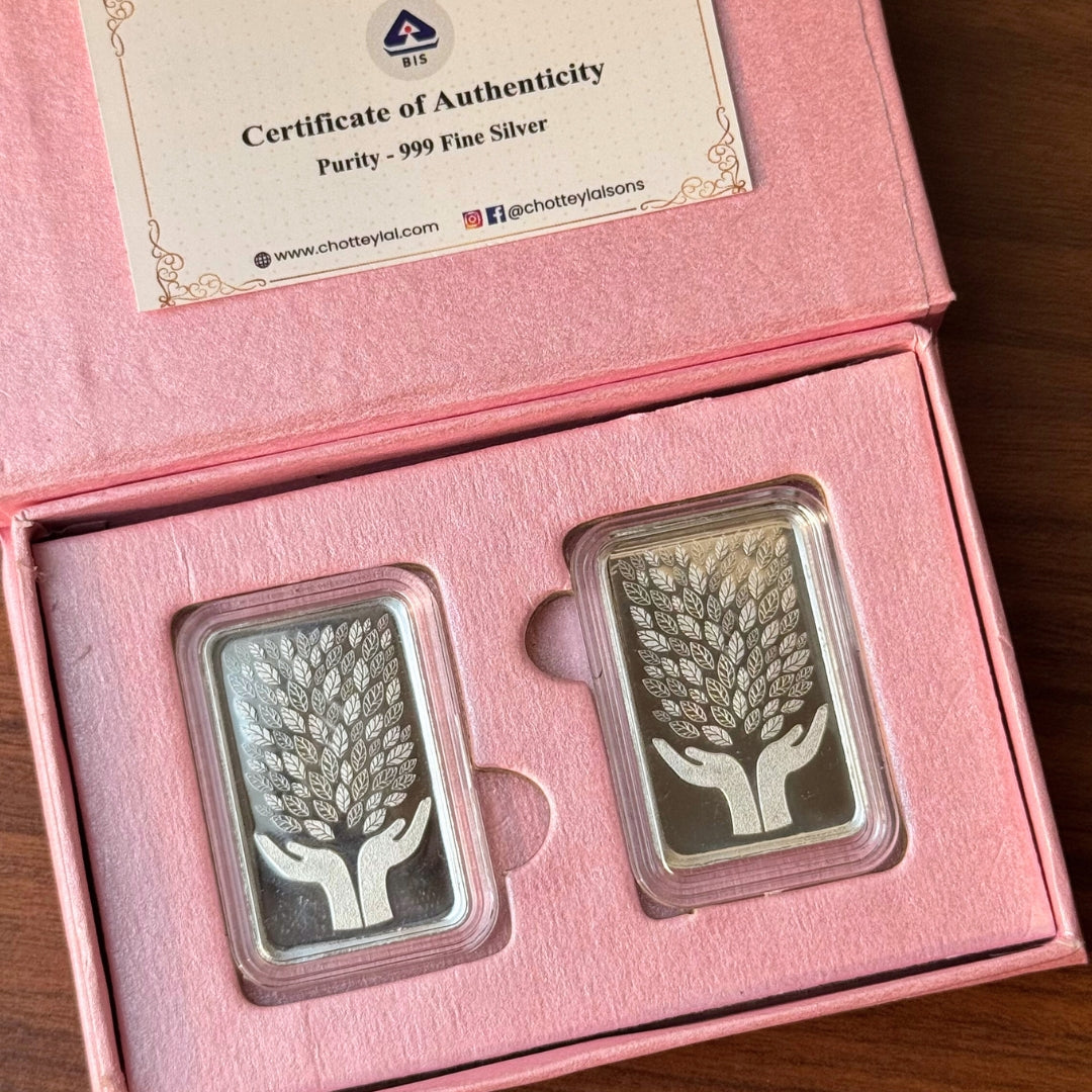 Leaf In Hand, Silver Finish, Bar Shape, Set of 2 (5 Gram Each), 999 Purity Silver Coin - Ready To Ship