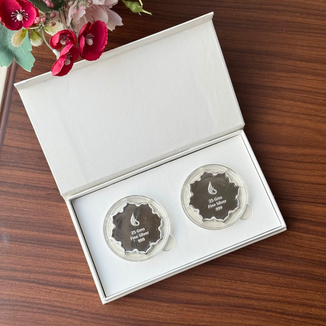 Lotus In Hand Design, Silver Finish, Lotus Shape, Set  of 2 Coins (25 Grams Each), 999 Purity Silver Coin - Ready To Ship