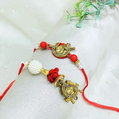 Pair Rakhi - Red Flower and White Beads Design