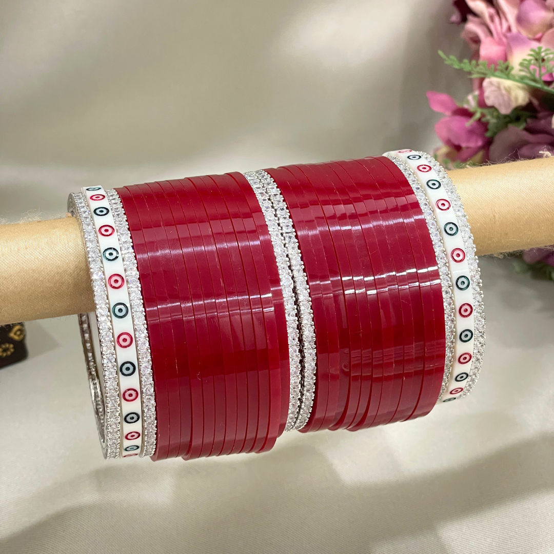 Deep Red Chuda Design With AD Bangles