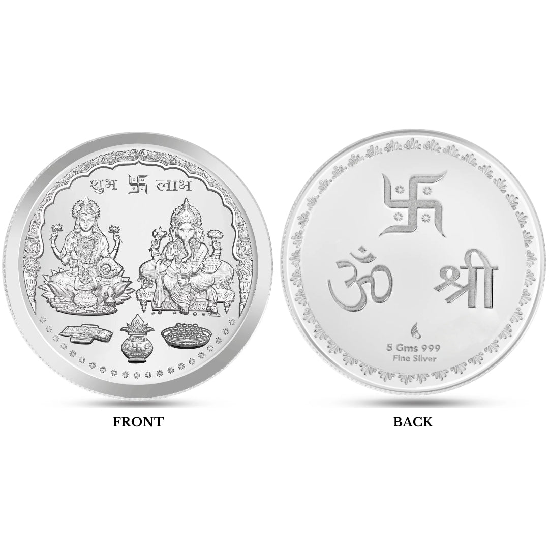 Lakshmi Ganesh Ji, Silver Finish, Round Shape, Single (1 Gram), 999 Purity Silver Coin - Ready To Ship