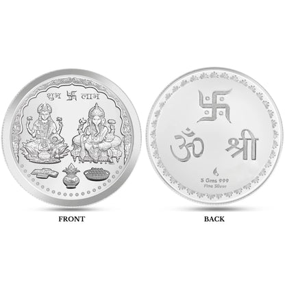 Lakshmi Ganesh Ji, Silver Finish, Round Shape, Single (1 Gram), 999 Purity Silver Coin - Ready To Ship