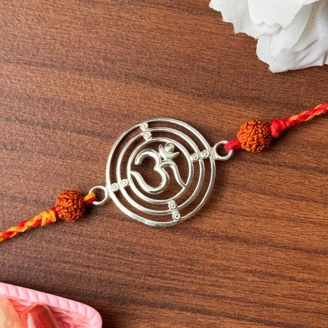Sacred Bond Rakhi – Om with Rudraksha Detailing in 92.5 Silver