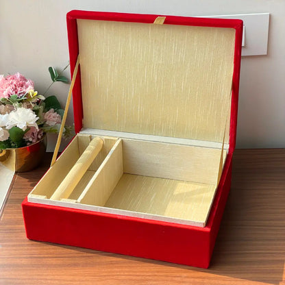 Red Om Motif Velvet Chooda Box With Patterned Design