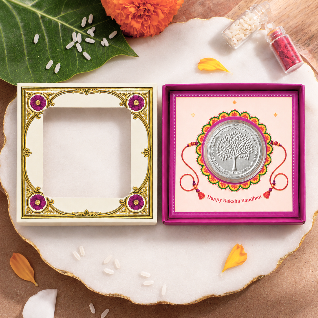 Premium Raksha Bandhan Silver Coin Gift Box – Tree of Life Design