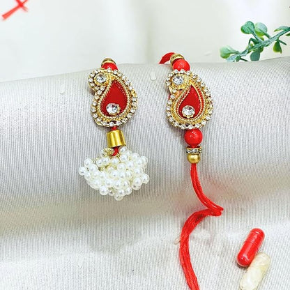 Pair Rakhi - Aambi Shape Design Bunch of White Pearl