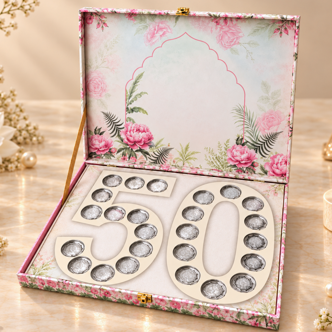 Celebration Peacock Design 25 Coin Box, Banyan Tree Design, Star Shape - Set of 25 Coins (2 g Each, Total 50 g)
