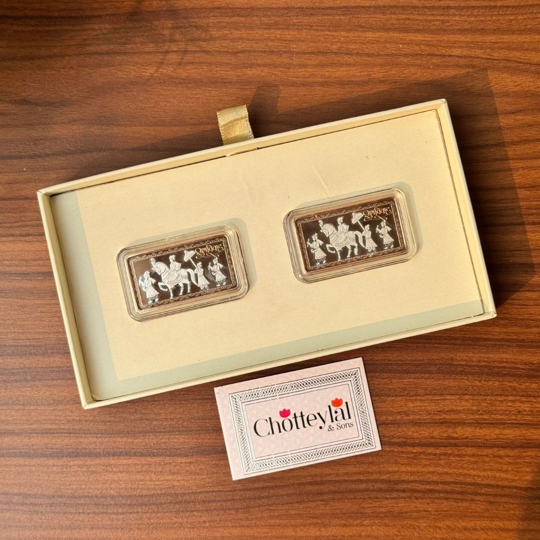 Shubh Vivah Baraati Design, Rose Gold Finish, Dollar Shape, Set of 2 (10 Gram Each) ,999 Silver Coin Box Set – Ready to Ship