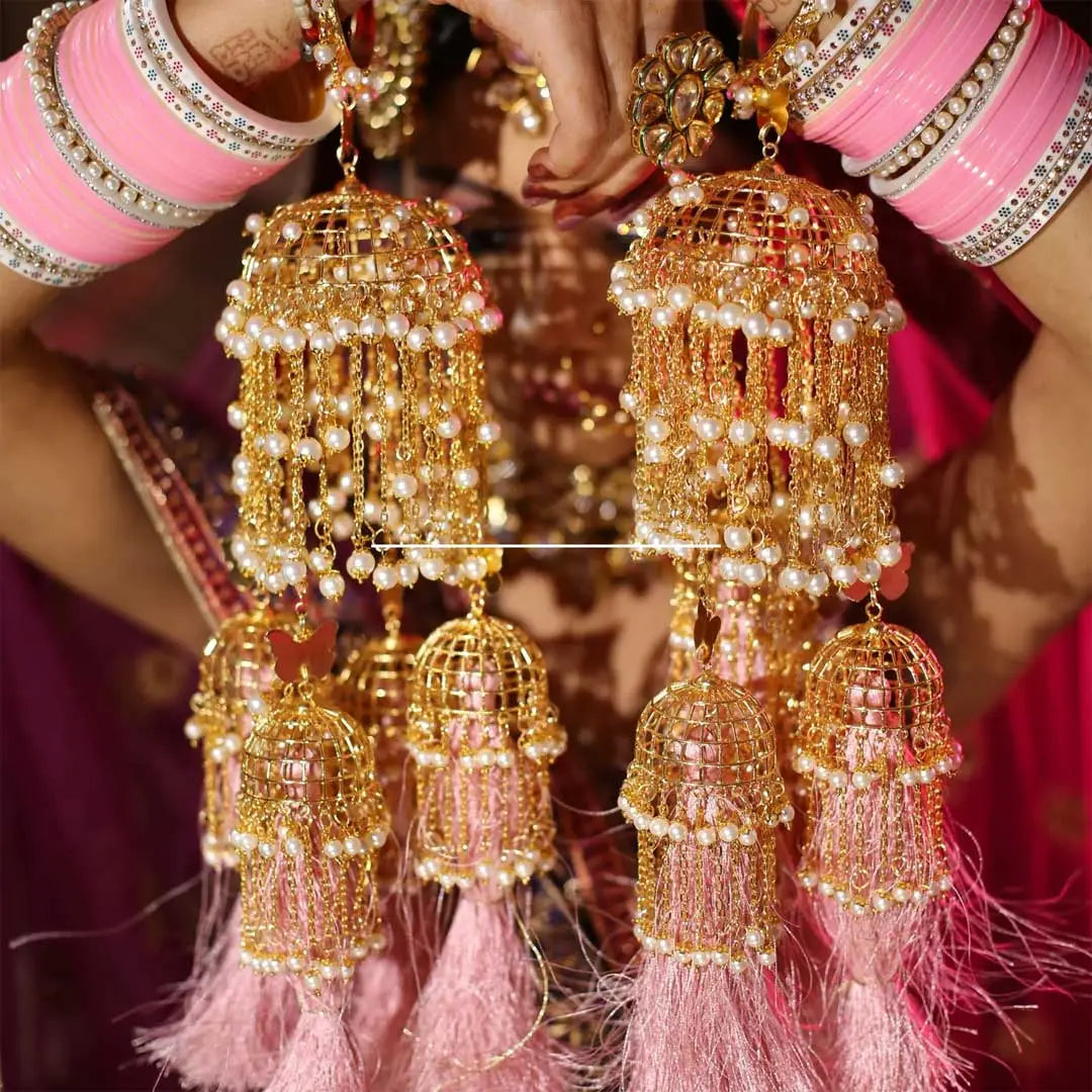 Golden Pearl & Pink Tassels Long Bridal Kaleera