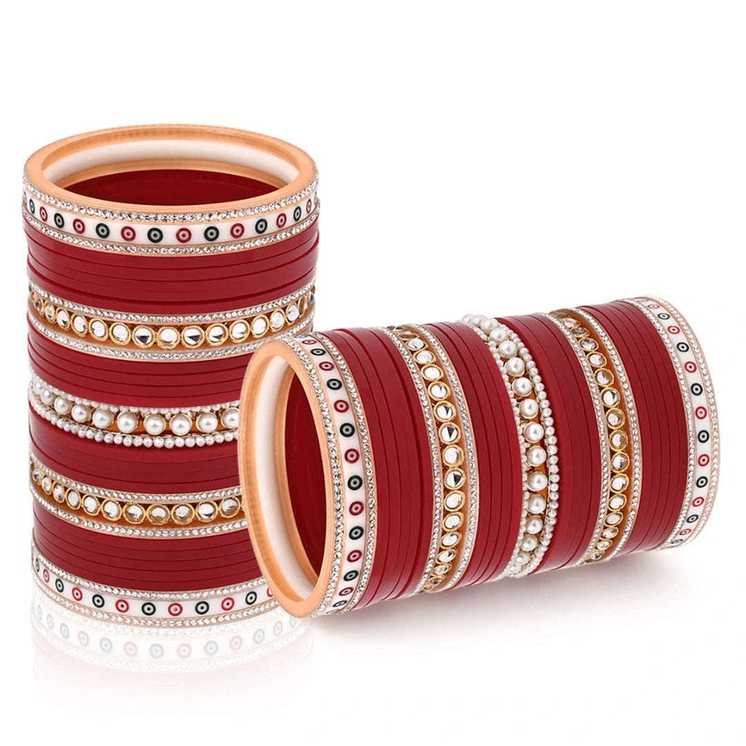 Dark Maroon On Maroon Hand Finished Perl With Simmer Bangle Chooda Set