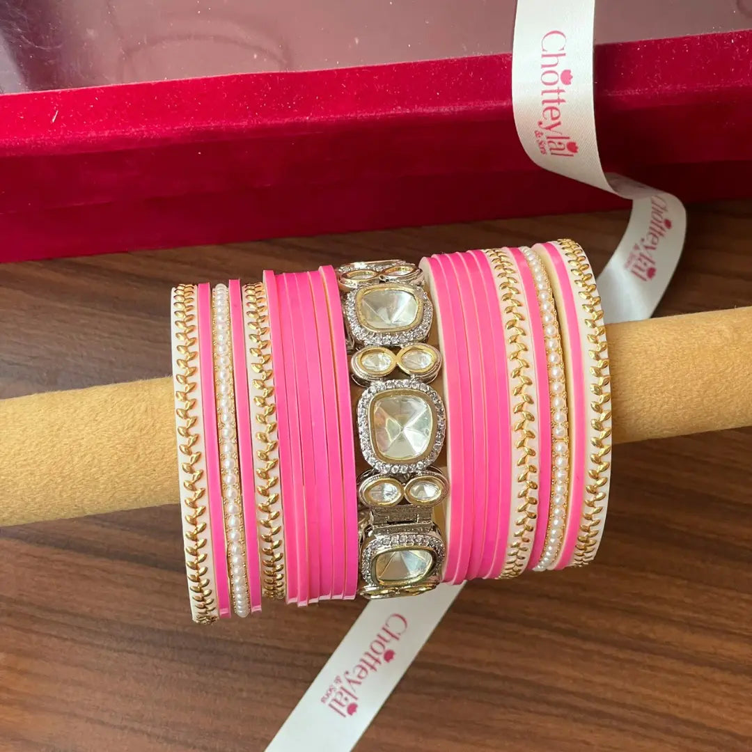 Pink Semi Pearl Chooda – 15-Piece Bridal Set