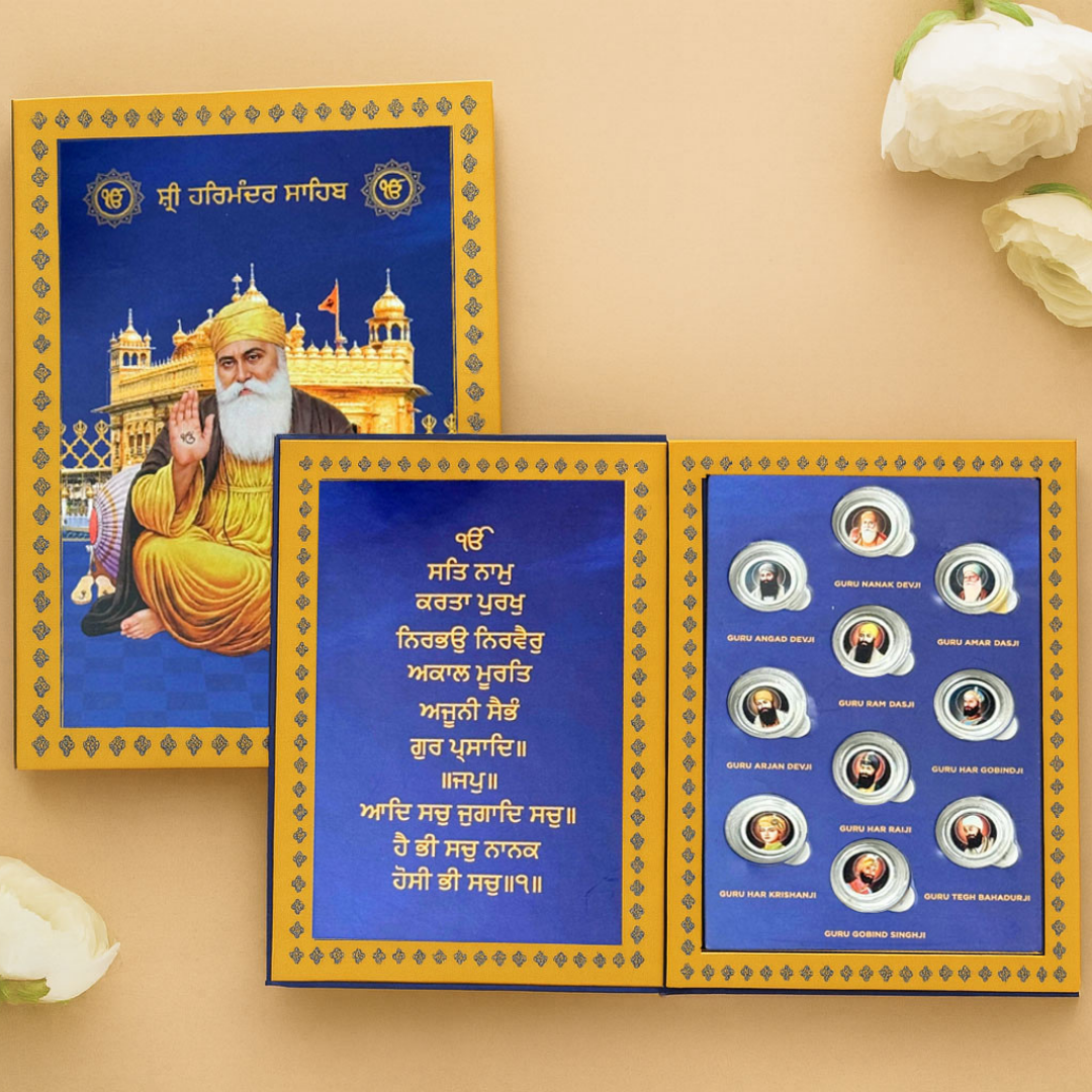 Sri Harmandir Sahib 10 Sikh Gurus, Silver Coin Folder Box, 10 Coins (1 gm Each), 999 Purity Silver Coins