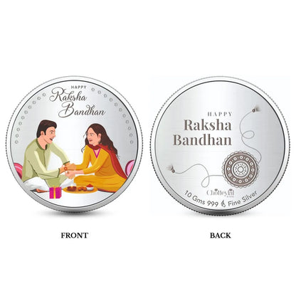 Happy Raksha Bandhan Box, Brother Sister 10gm Silver Coin (Set of 2) With Rakhi Card - 999 Purity Silver Coin