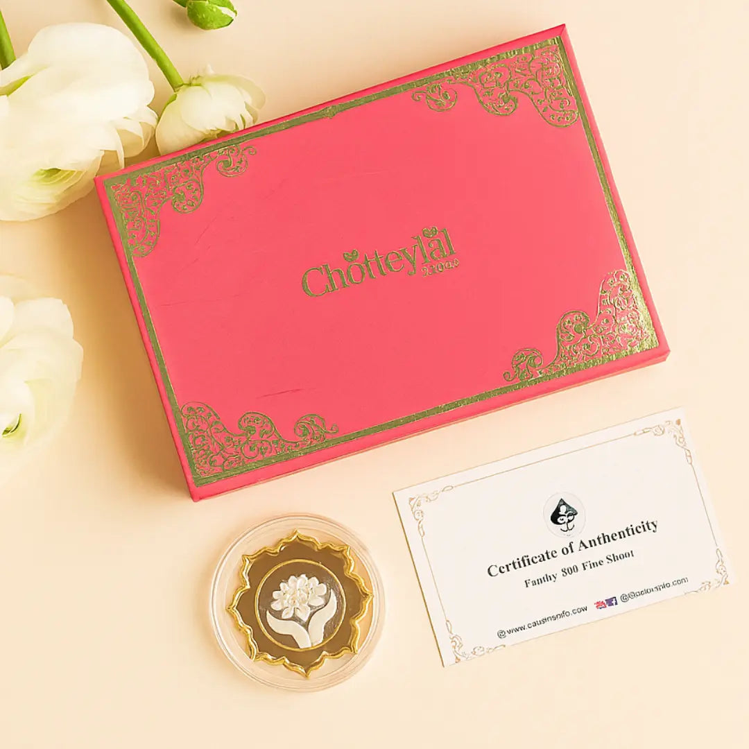 Lotus In Hand, Gold Finish, Lotus Shape, Single (5 Gram), 999 Purity Silver Coin - Ready To Ship