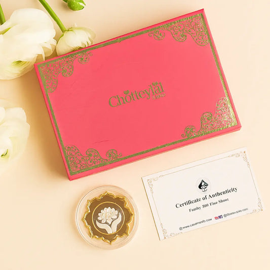 Lotus In Hand, Gold Finish, Lotus Shape, Single (5 Gram), 999 Purity Silver Coin - Ready To Ship