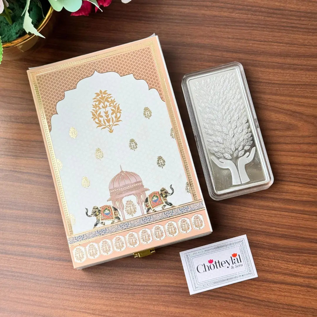 Leaf In Hand, Silver Finish, Bar Shape, 200 GM, 999 Purity Silver Coin – Ready To Ship