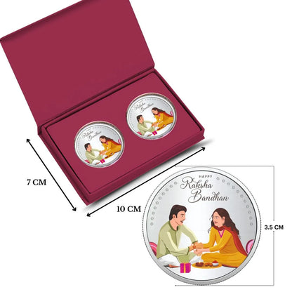 Happy Raksha Bandhan Box, Brother Sister 10gm Silver Coin (Set of 2) With Rakhi Card - 999 Purity Silver Coin
