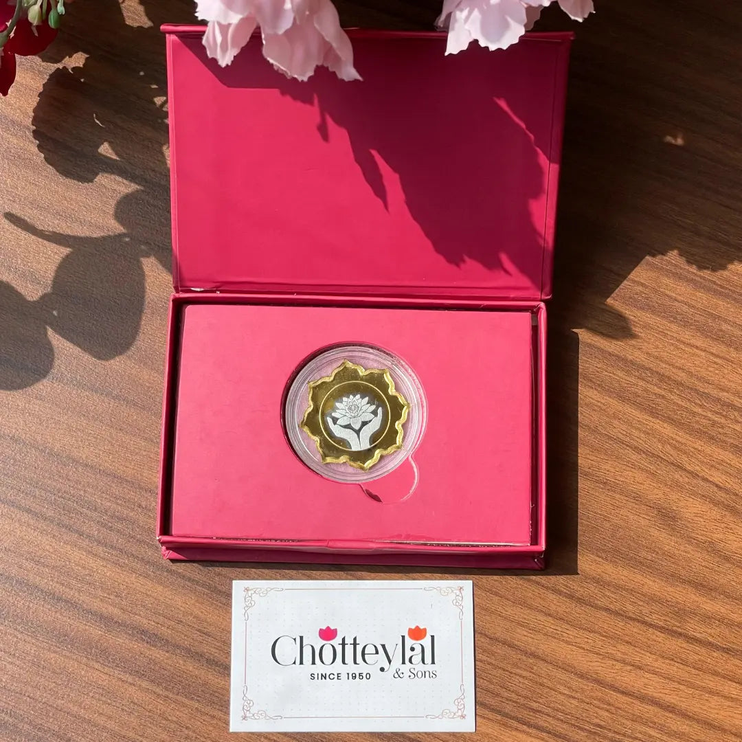 Lotus In Hand, Gold Finish, Lotus Shape, Single (5 Gram), 999 Purity Silver Coin - Ready To Ship