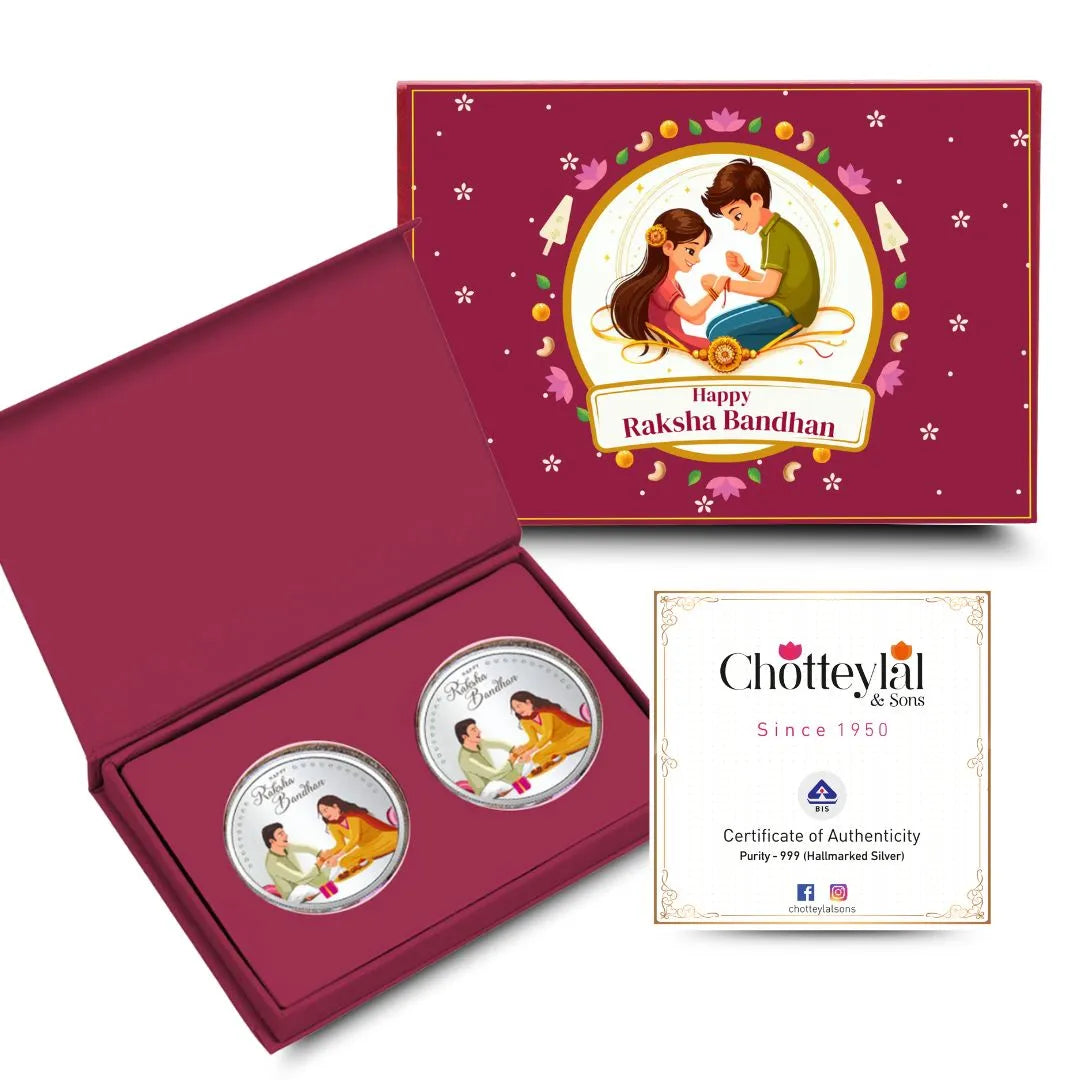 Happy Raksha Bandhan Box, Brother Sister 10gm Silver Coin (Set of 2) With Rakhi Card - 999 Purity Silver Coin