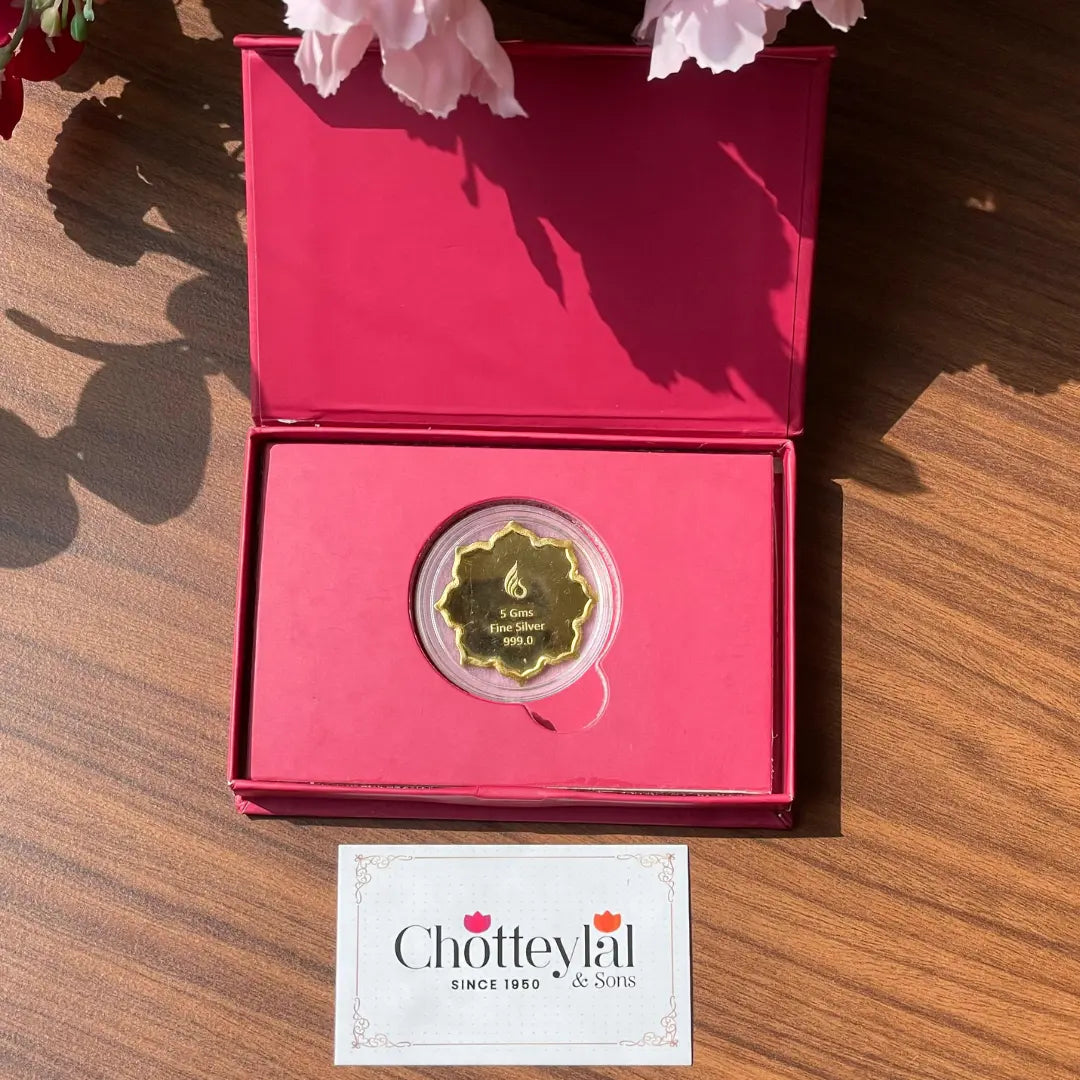 Lotus In Hand, Gold Finish, Lotus Shape, Single (5 Gram), 999 Purity Silver Coin - Ready To Ship