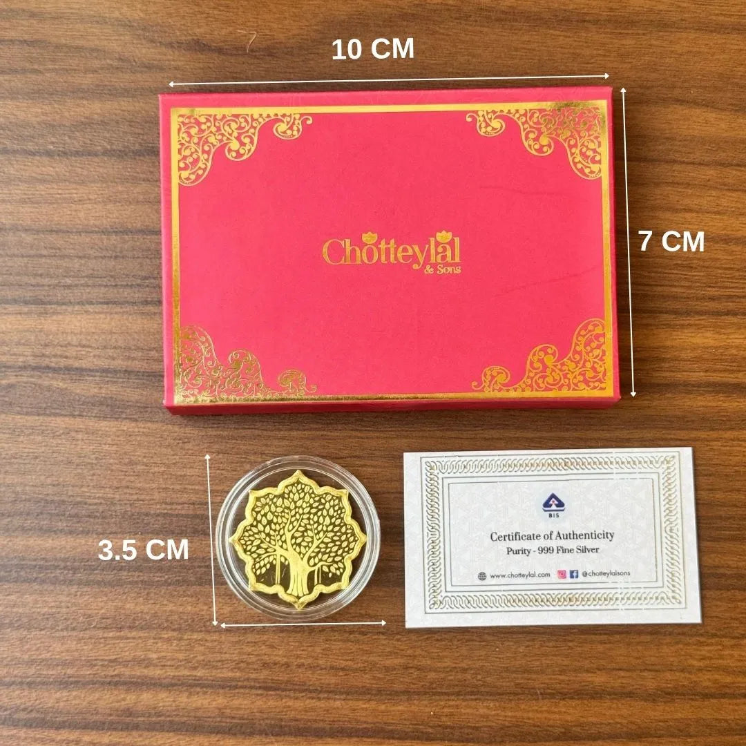 Banyan Tree, Silver (gold finish), Lotus Shape, 5 gm, 999 Purity Silver Coin - Ready To Ship