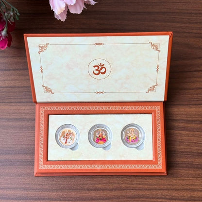 Laxmi, Ganesh, Saraswati ji, Silver, Folder Box, 3 Coins (1 GM Each), 999 Purity Silver Coins