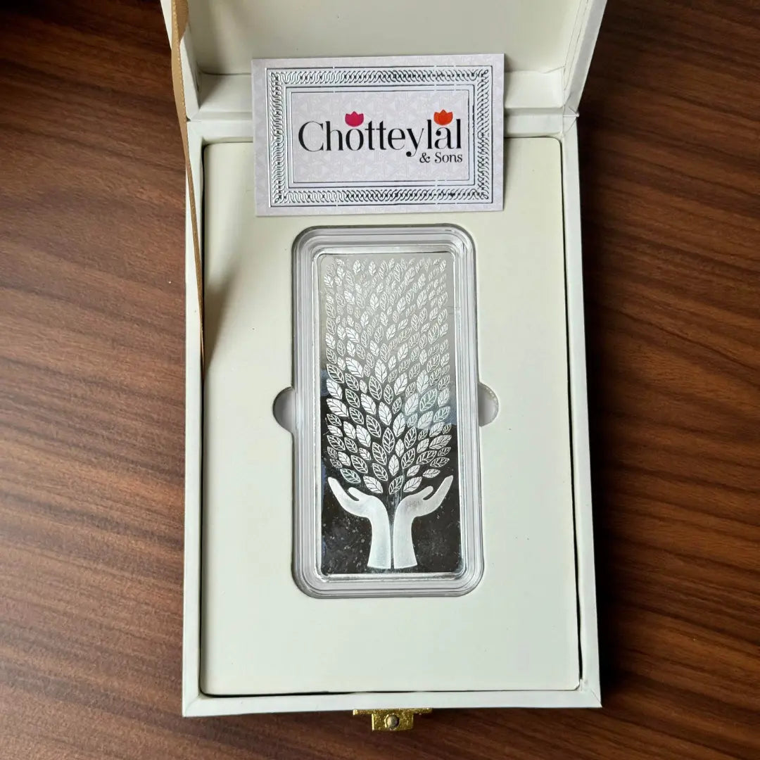 Leaf In Hand, Silver Finish, Bar Shape, 200 GM, 999 Purity Silver Coin – Ready To Ship