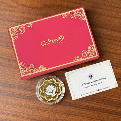 Lotus In Hand, Gold Finish, Lotus Shape, Single (5 Gram), 999 Purity Silver Coin - Ready To Ship