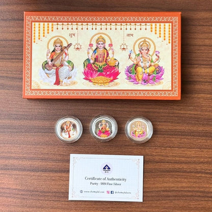 Laxmi, Ganesh, Saraswati ji, Silver, Folder Box, 3 Coins (1 GM Each), 999 Purity Silver Coins