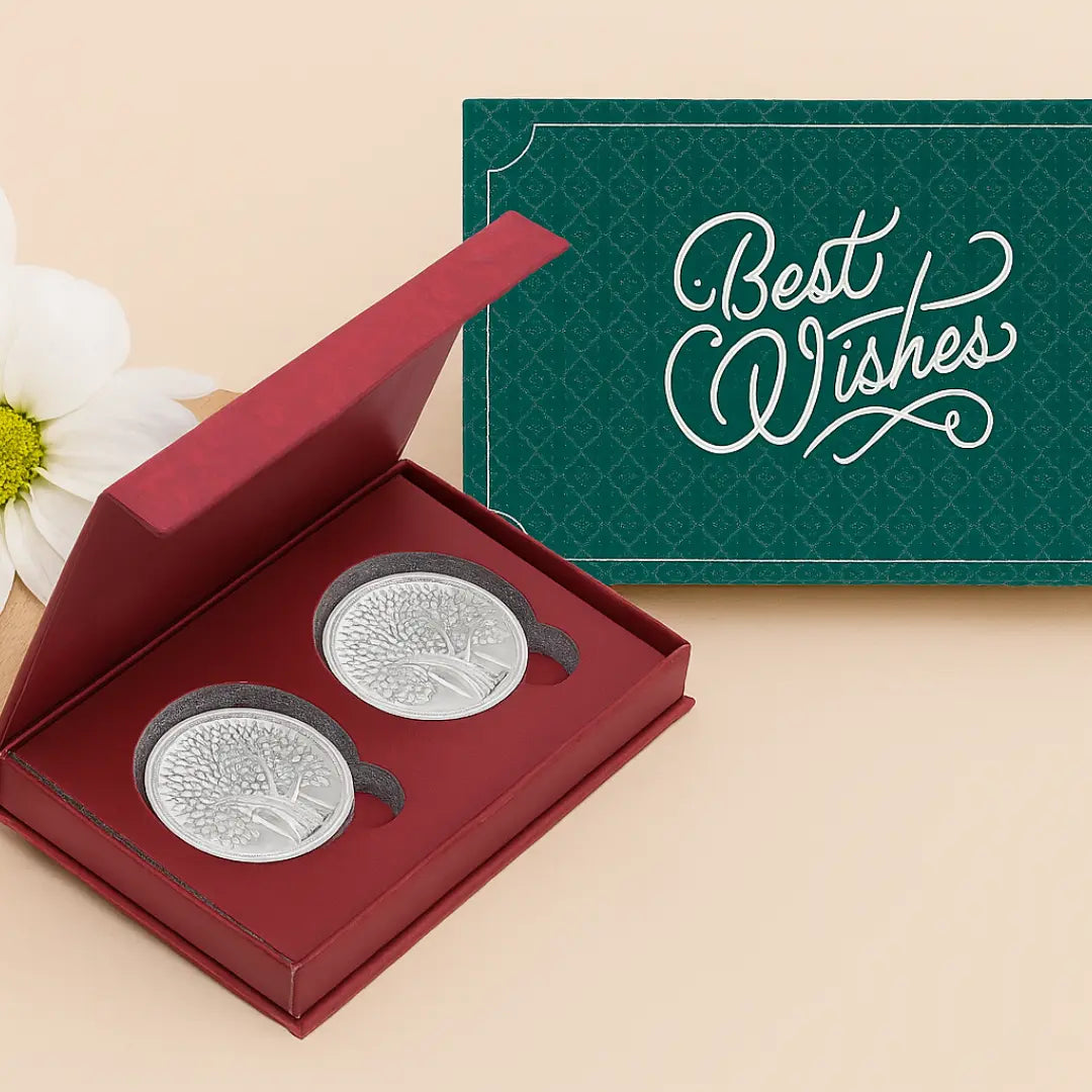 Banyan Tree, Silver, Round Shape, Set of 2 (10 Gram Each), Best Wishes Cover, 999 Purity Silver Coin - Ready To Ship