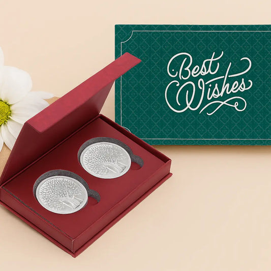 Banyan Tree, Silver, Round Shape, Set of 2 (10 Gram Each), Best Wishes Cover, 999 Purity Silver Coin - Ready To Ship