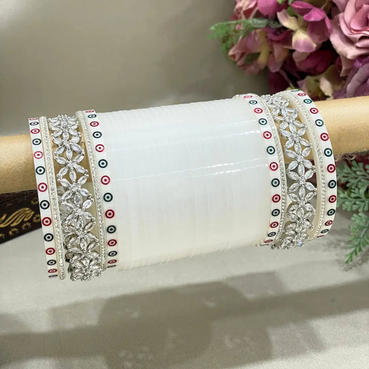 White Punjabi Chooda Design With AD Kada Bridal Chura