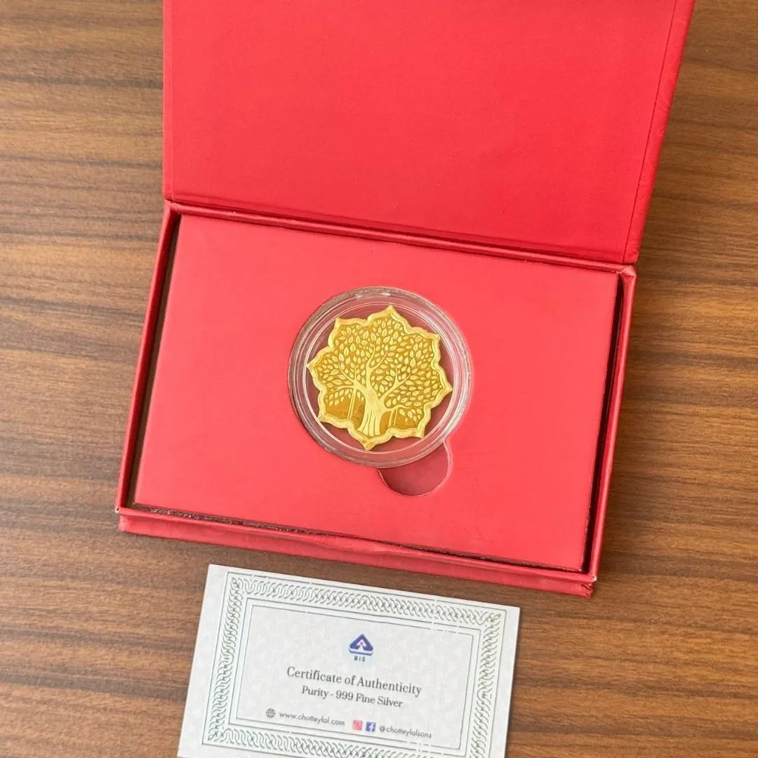 Banyan Tree, Silver (gold finish), Lotus Shape, 5 gm, 999 Purity Silver Coin - Ready To Ship